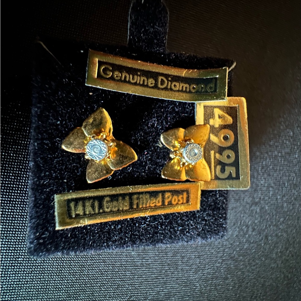Vintage 14K gold filled post butterfly with genuine diamonds earrings